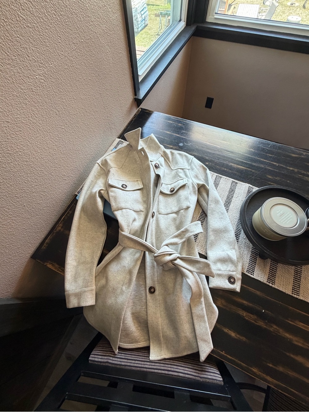 Women’s Cream Belted Wool-Blend Shirt Jacket